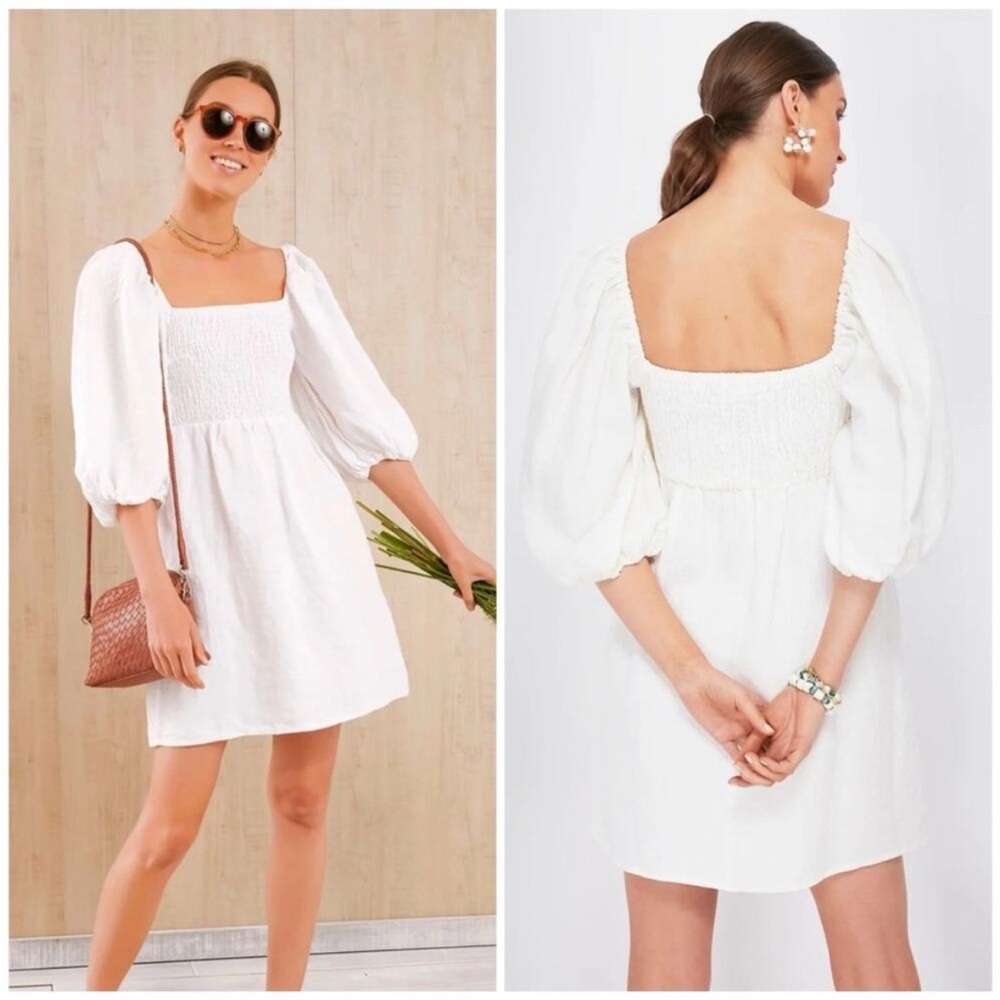 Tuckernuck Dress Smocked Bodice XS Linen Festival Exaggerated Puff Sleeve Brunch